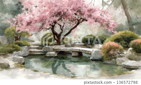 日式庭園中櫻花盛開，池塘上架著一座橋的插圖 136572798