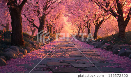 一幅描繪櫻花盛開的街道背景的插圖。 136572800