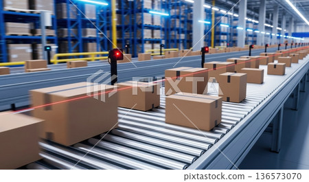 Conveyor e commerce logistics concept showing shipping boxes racing along high speed roller conveyor with barcode scanners highlighting automation efficiency global delivery modern fulfillment systems 136573070