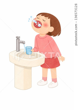 圖：一個女孩在水槽邊漱口 136573128