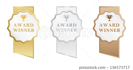 Award winning badge ribbon set (gold, silver, bronze and trophy icons) 136573717