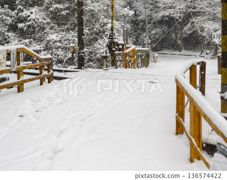 Snow-covered railroad crossing and road 136574422