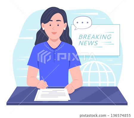 TV News Anchor Reports the Breaking News in Broadcasting Studio for Newscaster and Broadcast Television Program Concept Illustration Clip Art 136574855