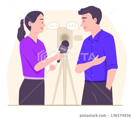 TV News Reporter Interviews a Businessman in Front of the Camera for Master of Ceremonies and Broadcast Television Program Concept Illustration Clip Art TV News Reporter Interviews a Businessman in Front of the Camera for Master of Ceremonies and Broadcast Television Program Concept Illustration Clip Art 136574856