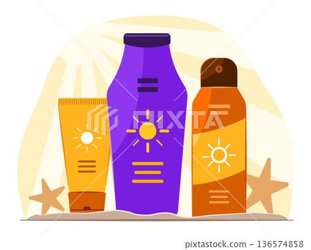 Sunscreen Lotion Bottles and Cream Tube for Skin Treatment and Skincare Cosmetics Product Concept Illustration Clip Art Sunscreen Lotion Bottles and Cream Tube for Skin Treatment and Skincare Cosmetics Product Concept Illustration Clip Art 136574858