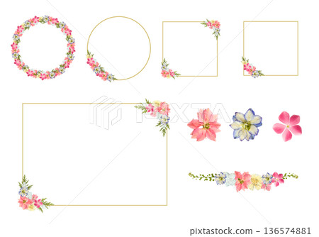 壓花相框套裝，粉紅色，金色線條，PNG透明素材，春季裝飾相框，圓形，方形 136574881