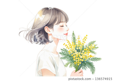 水彩插畫，描繪了一位手捧含羞草花束的女子。 136574915