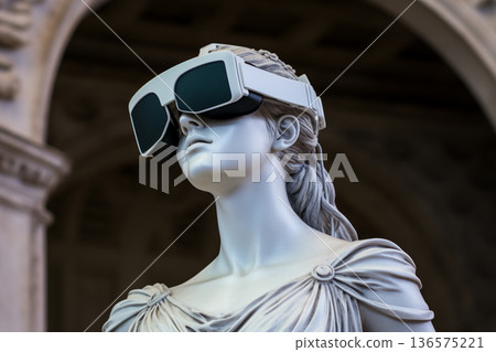 Roman woman sculpture wearing virtual reality goggles. Generative AI 136575221