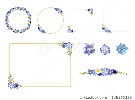 Pressed blue flower frame set (PNG transparent material) (circular, square, gold frame, decorative parts) Pressed blue flower frame set (PNG transparent material) (circular, square, gold frame, decorative parts) 136575326