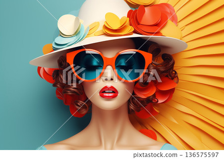 Retro style fashion woman with sunglasses portrait illustration. Generative AI 136575597