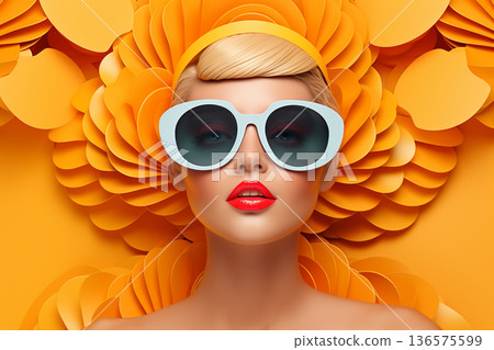 Retro style fashion woman with sunglasses portrait illustration. Generative AI 136575599