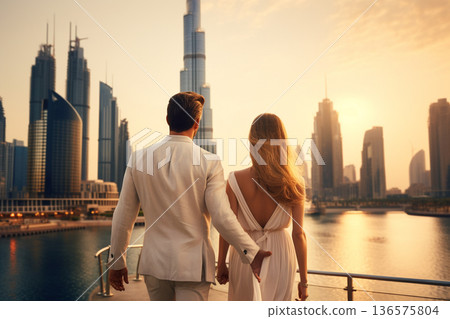 Young couple walking in Dubai. Generative AI 136575804