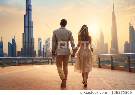 Young couple walking in Dubai. Generative AI 136575809