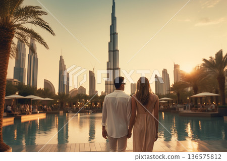 Young couple walking in Dubai. Generative AI 136575812