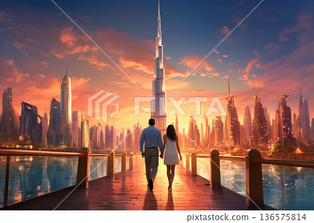 Young couple walking in Dubai. Generative AI 136575814