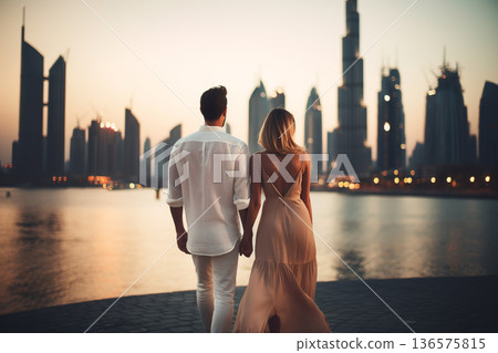 Young couple walking in Dubai. Generative AI 136575815