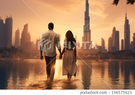 Young couple walking in Dubai. Generative AI 136575823