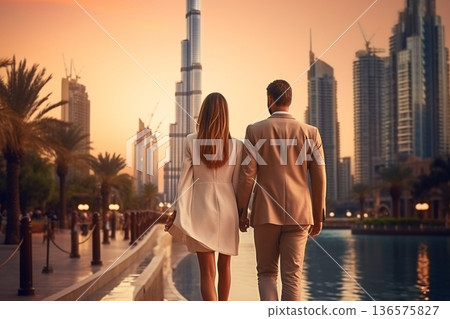 Young couple walking in Dubai. Generative AI 136575827
