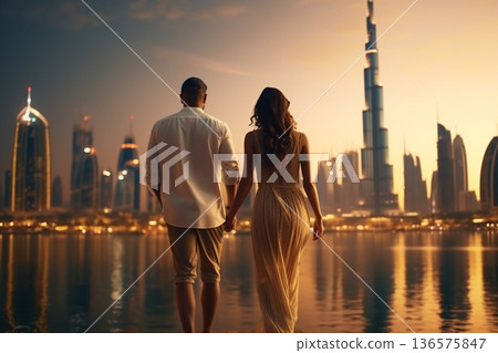 Young couple walking in Dubai. Generative AI 136575847