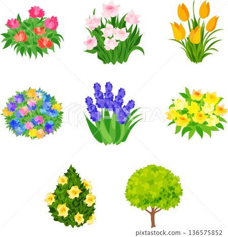 A soothing illustration set featuring a variety of colorful plants. A soothing illustration set featuring a variety of colorful plants. 136575852