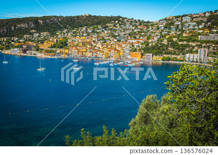 Anchored boats in the bay of Villefranche sur Mer, France 136576024