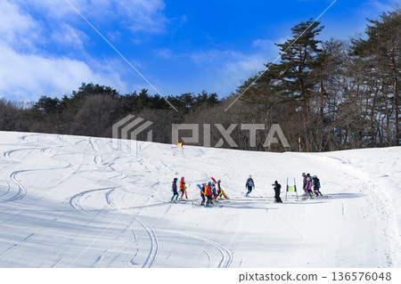 滑雪者們正在為滑雪比賽設定路線 滑雪者們正在為滑雪比賽設定路線 136576048
