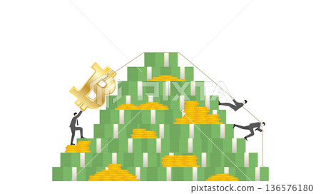 Business teamwork pulling giant golden Bitcoin symbol over massive stack of banknotes and coins. Concept of cryptocurrency trading, digital wealth growth, and maximizing profit Business teamwork pulling giant golden Bitcoin symbol over massive stack of banknotes and coins. Concept of cryptocurrency trading, digital wealth growth, and maximizing profit 136576180