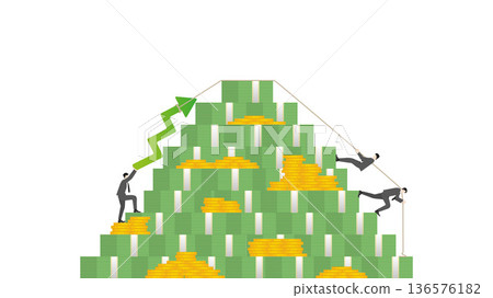 Business teamwork pulling green growth arrow over massive stack of cash banknotes and gold coins. Concept of maximizing profit and financial achievement Business teamwork pulling green growth arrow over massive stack of cash banknotes and gold coins. Concept of maximizing profit and financial achievement 136576182