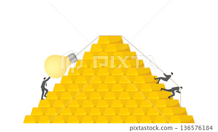 Business teamwork pulling giant lightbulb over gold bar pyramid. Concept of smart investment strategy, financial wisdom, and experience in gold market Business teamwork pulling giant lightbulb over gold bar pyramid. Concept of smart investment strategy, financial wisdom, and experience in gold market 136576184