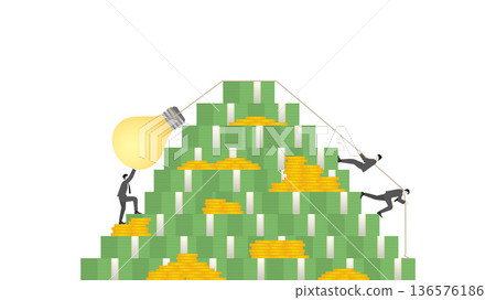 Business teamwork pulling giant lightbulb over massive stack of banknotes and coins. Concept of creative financial strategy, money-making ideas, and wealth management Business teamwork pulling giant lightbulb over massive stack of banknotes and coins. Concept of creative financial strategy, money-making ideas, and wealth management 136576186