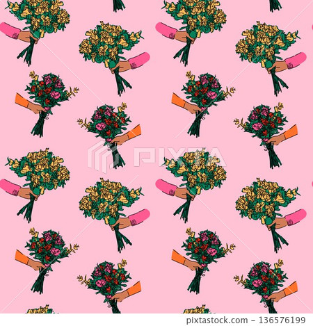 Seamless Pattern with Hands Holding Flower Bouquets 136576199