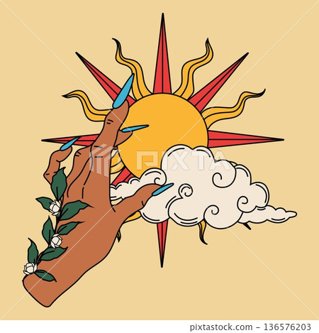 Spiritual Boho Sun and Cloud Line Art Design 136576203
