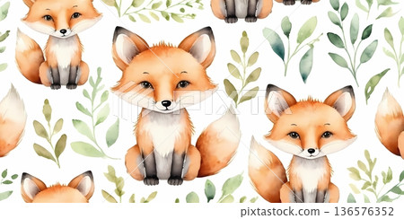 Watercolor cute fox seamless pattern with leaves for wrapping paper and fabric design 136576352