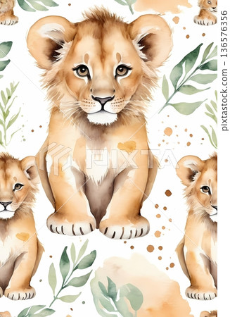 Watercolor cute lion cub seamless pattern for wrapping paper and fabric design Watercolor cute lion cub seamless pattern for wrapping paper and fabric design 136576356