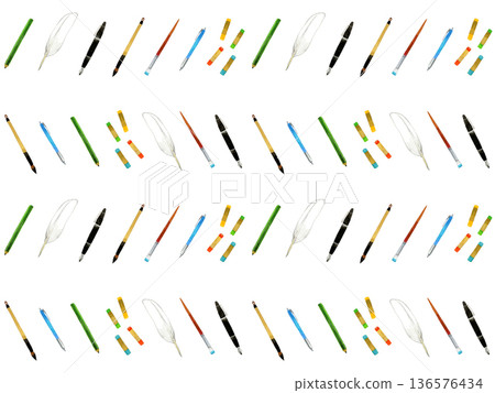 Stationery, writing implements, and art supplies pattern (hand-drawn watercolor illustration) 136576434