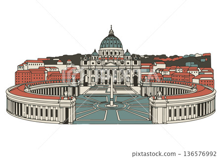 A stunning vector illustration of St. Peter's Basilica and Square in Vatican City, showcasing classic European architecture and iconic religious landmark A stunning vector illustration of St. Peter's Basilica and Square in Vatican City, showcasing classic European architecture and iconic religious landmark 136576992