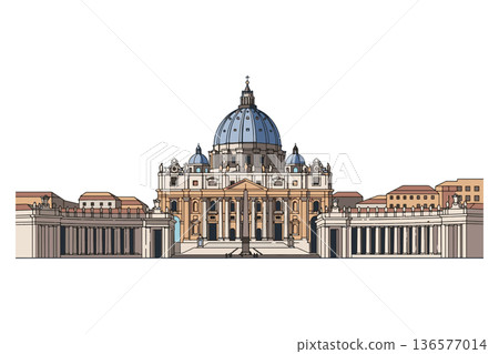A detailed vector illustration of St. Peter's Basilica and Saint Peter's Square in Vatican City, showcasing classic European religious architecture and iconic historical landmark 136577014
