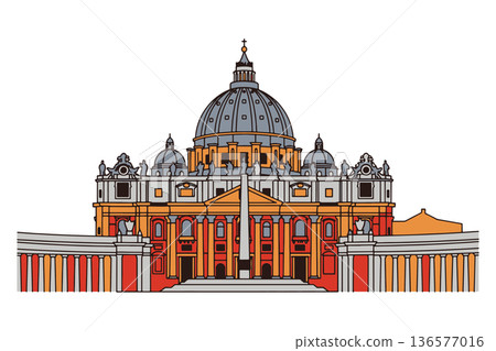 A detailed vector illustration of St. Peter's Basilica and Saint Peter's Square in Vatican City, showcasing classic European religious architecture and iconic historical landmark A detailed vector illustration of St. Peter's Basilica and Saint Peter's Square in Vatican City, showcasing classic European religious architecture and iconic historical landmark 136577016