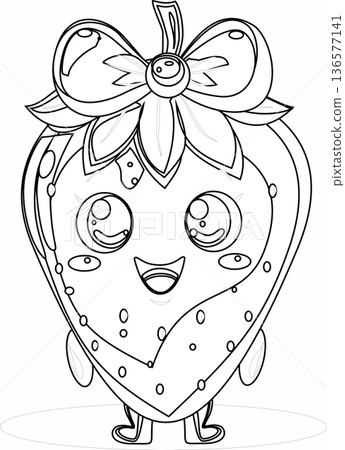 Cute Smiling Strawberry Character Line Art Vector for Kids Coloring Book Page 136577141