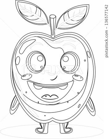 Cute Smiling Apple Character Line Art Vector for Kids Coloring Book Page 136577142