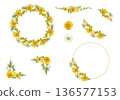 壓花黃色花框和花環套裝（PNG 透明素材）（圓形、角飾和線條裝飾） 136577153