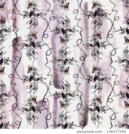 Vineyard rows of grapes and leaves on vine base. Seamless pattern hand drawn in ink, watercolor for wrapping, stationery, eco product labels, wallpaper, interior decor and natural lifestyle visuals. 136577240