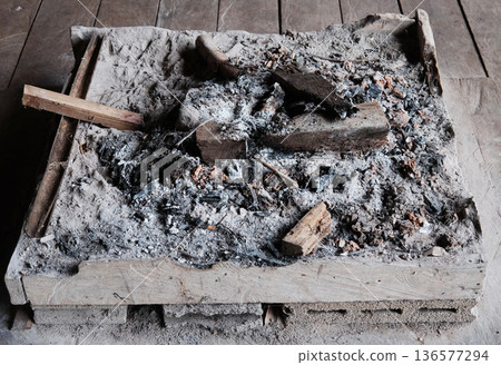 A bonfire is fire in a wooden container for cooking in countryside of Thailand 136577294