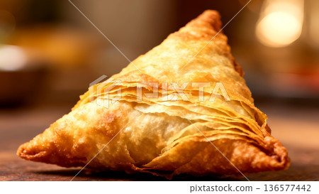 Crispy golden samosa, a popular savory snack, with flaky pastry layers, placed on a dark surface against a warm blurred background. Crispy golden samosa, a popular savory snack, with flaky pastry layers, placed on a dark surface against a warm blurred background. 136577442