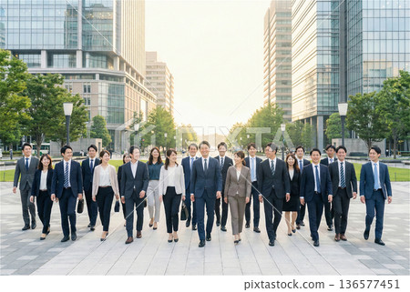 清晨，大量商務人士在辦公區行走，日本人聚集在一起，拍攝到全身像，男女都有。 136577451
