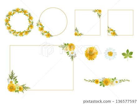 Yellow flower pressed flower style frame material set (circular, square, decorative line) 136577597