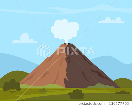 Erupting volcano. Natural volcanic activity. Volcanoes hot lava eruption. Mountains rocky hills with green grass. A volcano erupts with a plume of ash and flowing lava. Vector illustration 136577703