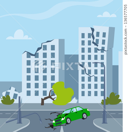 Depicting an earthquake and the destruction caused by it. Gloomy, destroyed city and buildings after the earthquake. Cracks in the ground and structures. Natural disasters. Vector illustration. 136577705