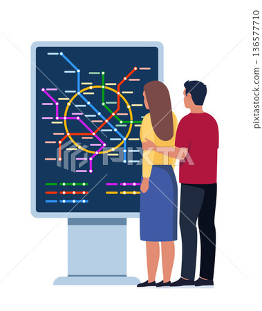 Passenger stands in front of metro transport city map Info board. Public underground city transport. Metro lines map. Urban traffic infrastructure, transportation. Vector illustration. Passenger stands in front of metro transport city map Info board. Public underground city transport. Metro lines map. Urban traffic infrastructure, transportation. Vector illustration. 136577710