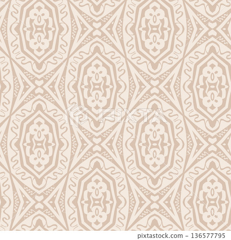 Beige Geometric Floral Seamless Pattern with Retro Tile Lattice Ornament Beige Geometric Floral Seamless Pattern with Retro Tile Lattice Ornament 136577795